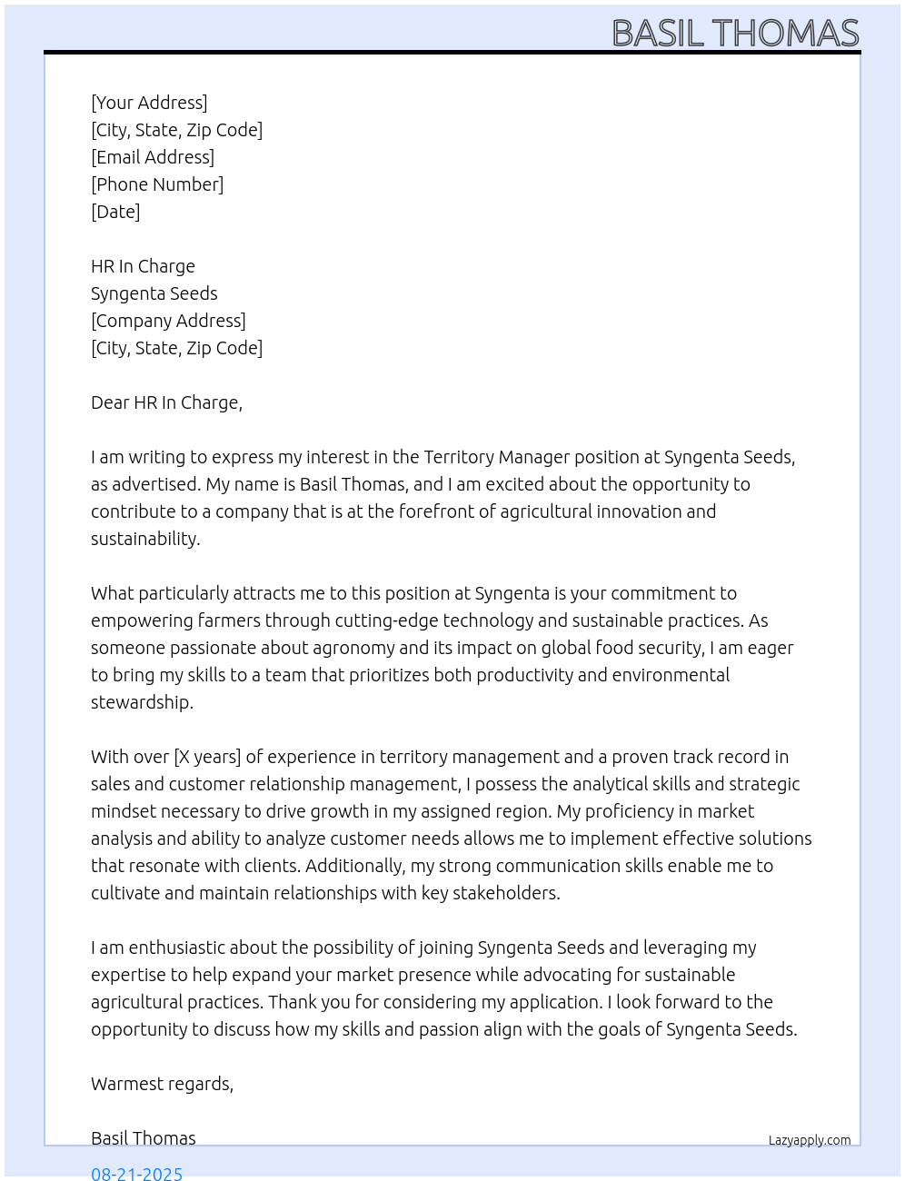 TERRITORY MANAGER At SYNGENTA SEEDS Cover Letter