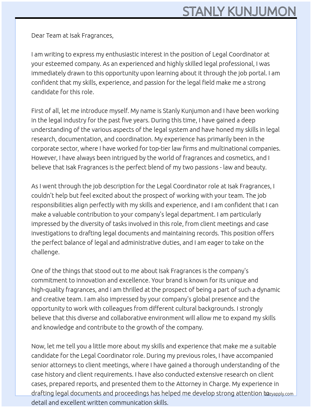 Legal coordinator At Isak fragrances Cover Letter
