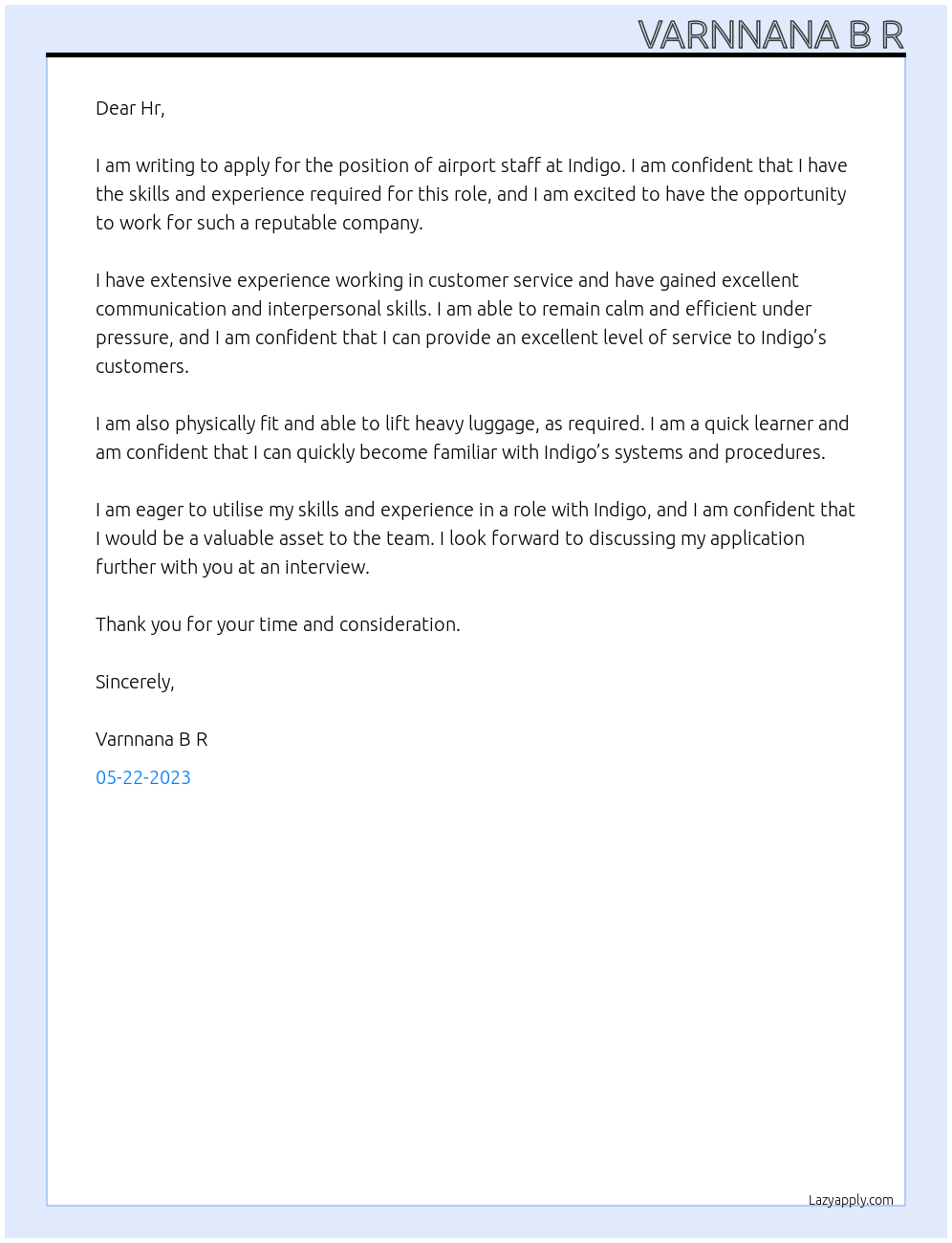 Airport staff At Indigo Cover Letter