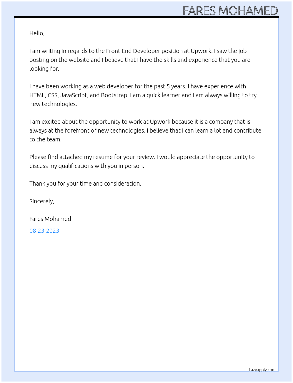 front end development At upwork Cover Letter