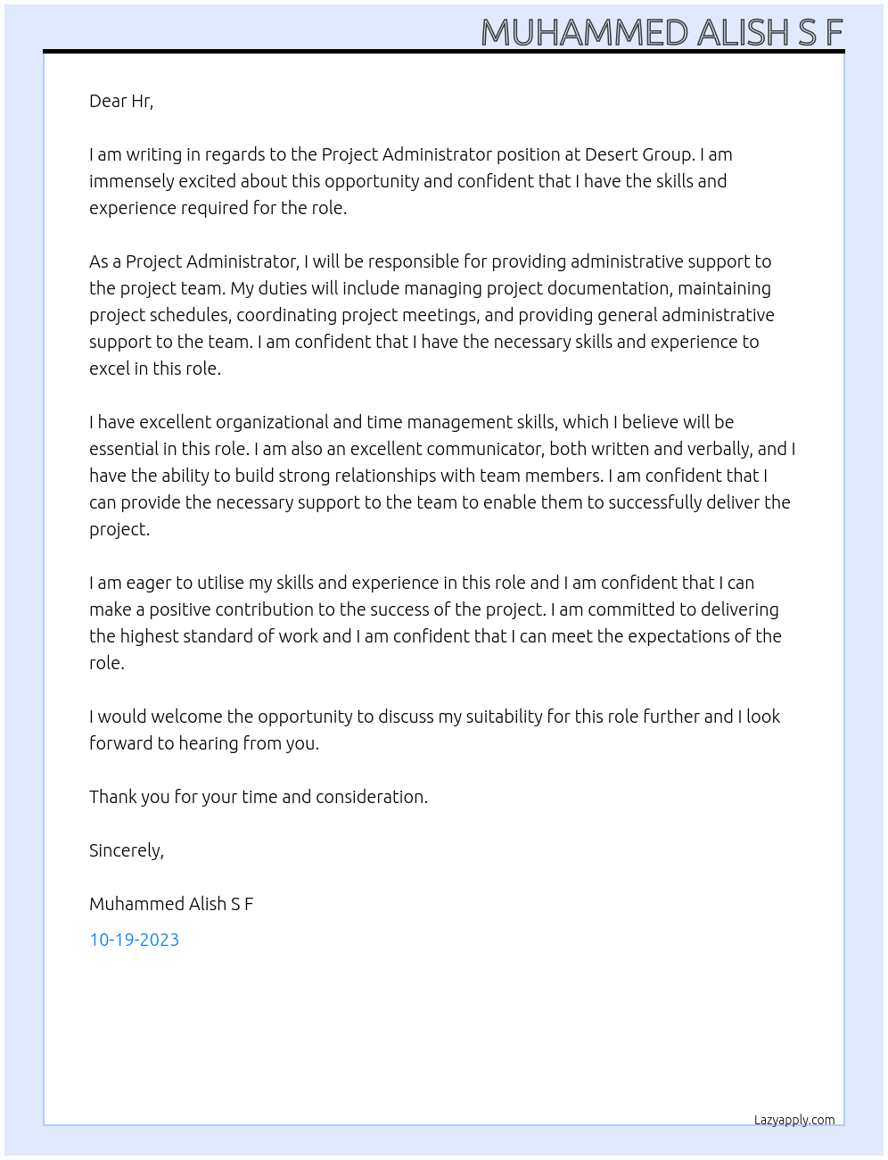 Project Administrator At Desert Group Cover Letter