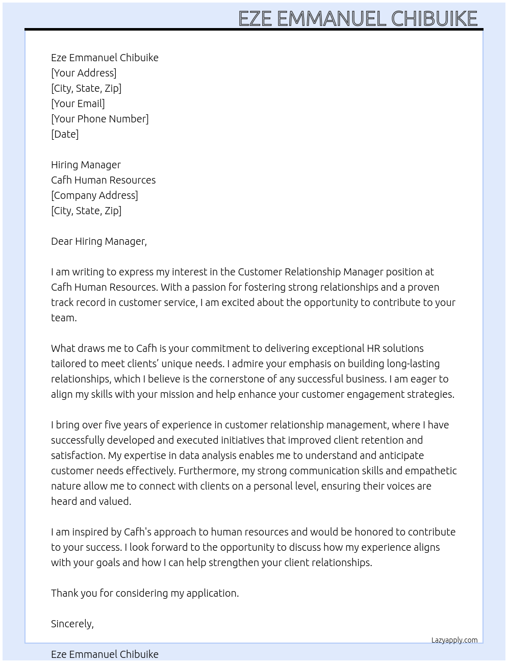 Cover letter for customer relationship manager - LazyApply