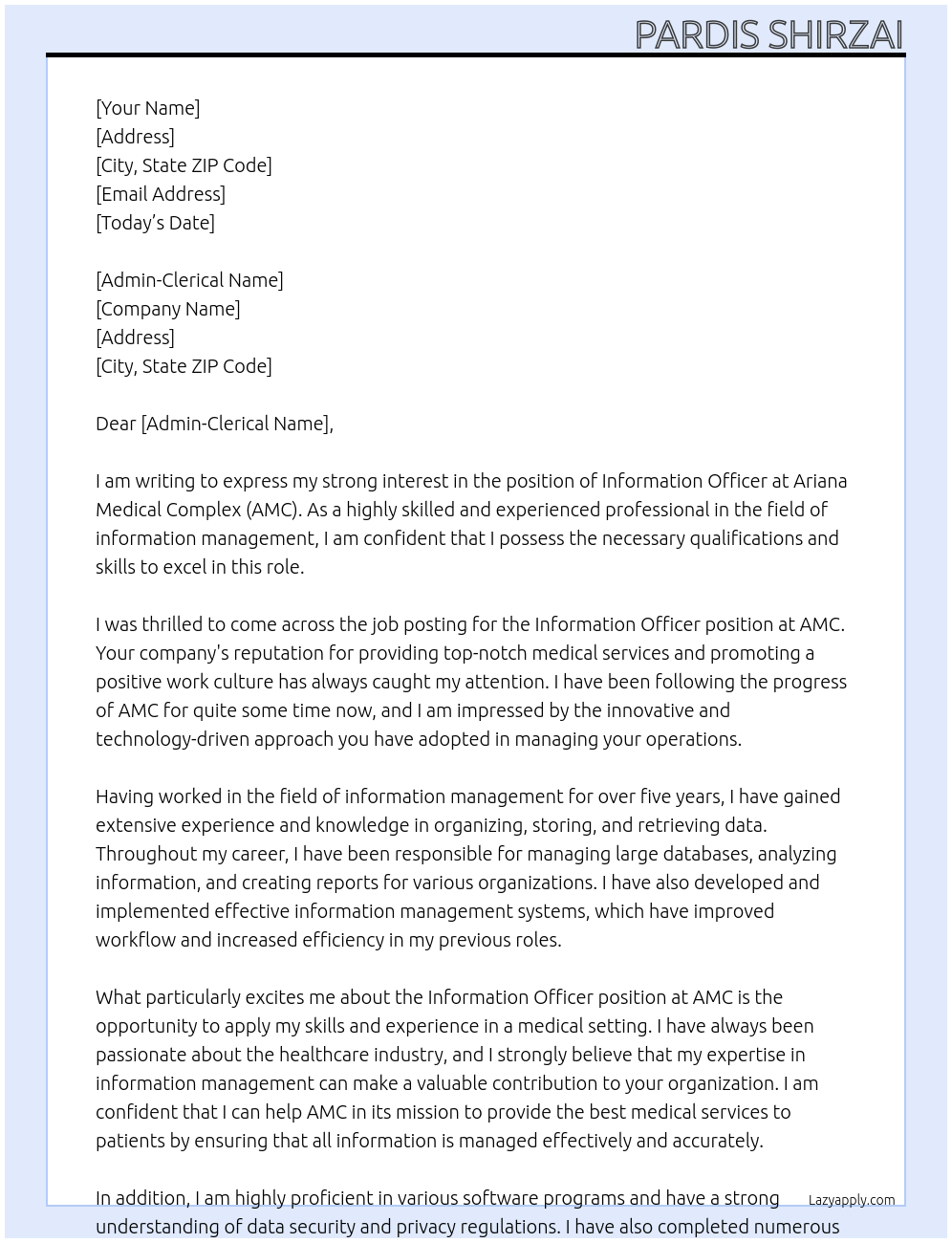 Information Officer At Ariana Medical Complex (AMC) Cover Letter