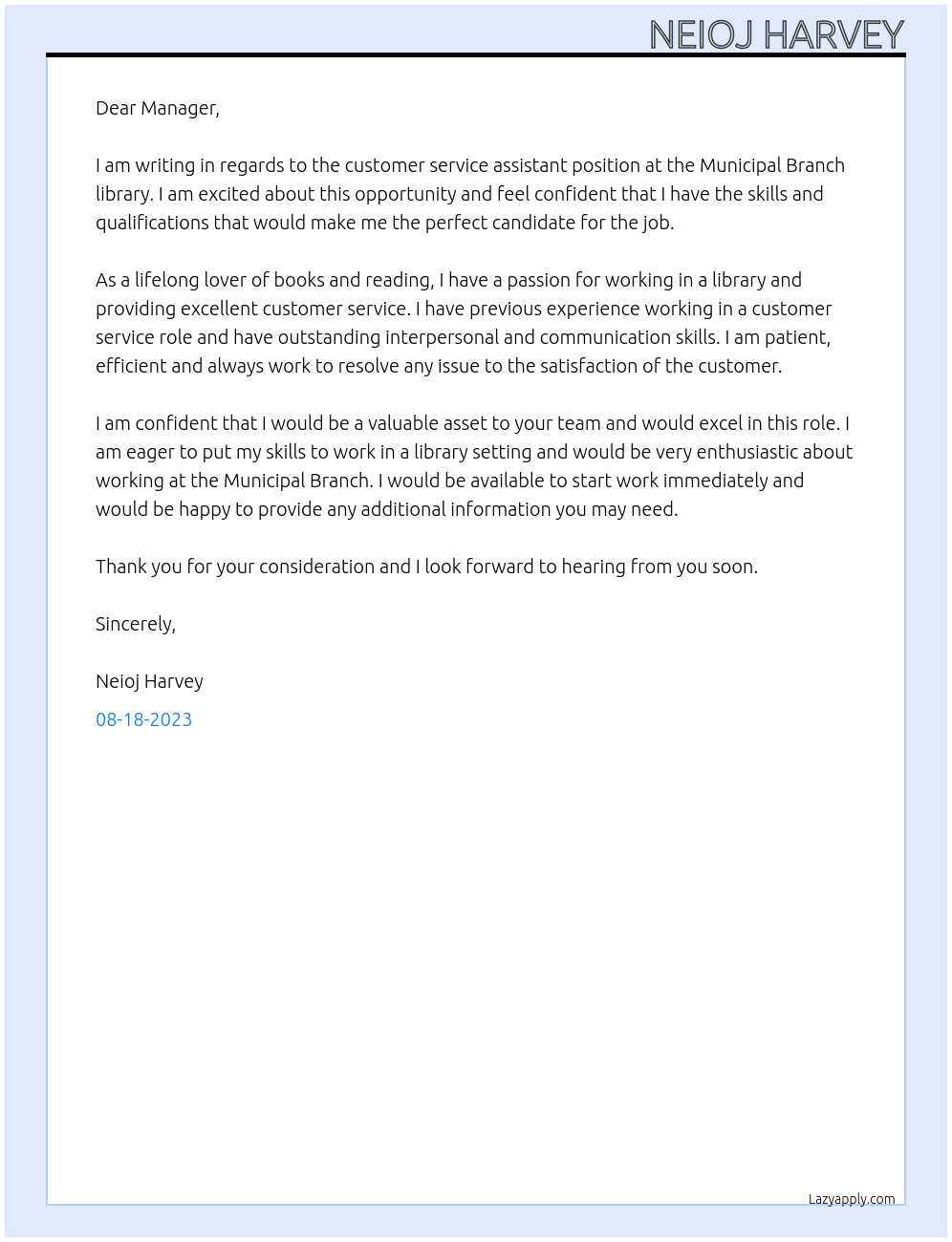 Customer service assistance At Municipal Branch library Cover Letter