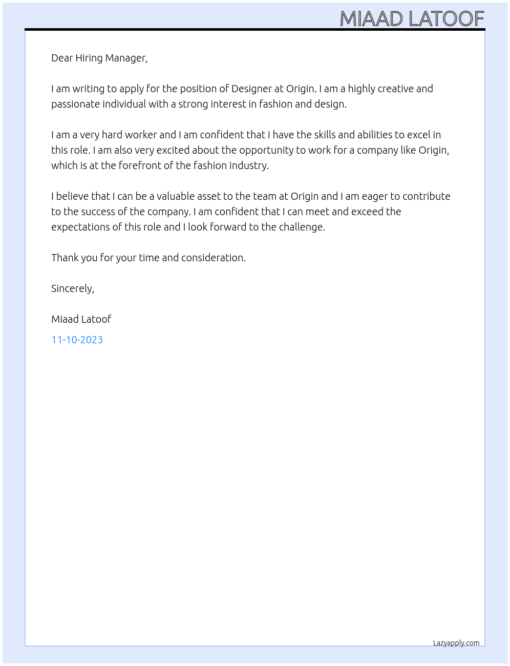 Designer At Origin Cover Letter