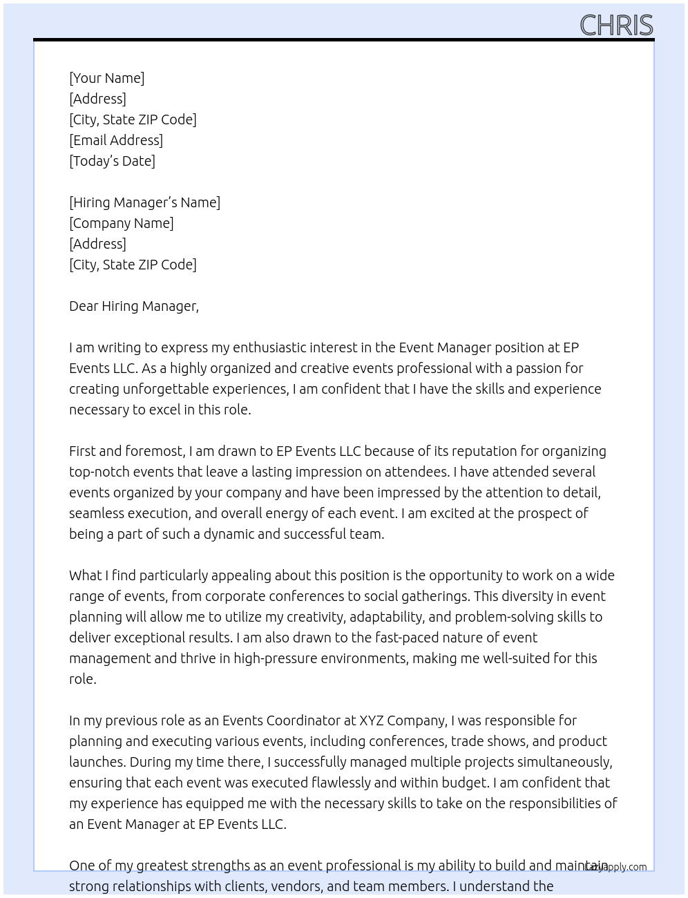 Event manager At EP Events LLC Cover Letter
