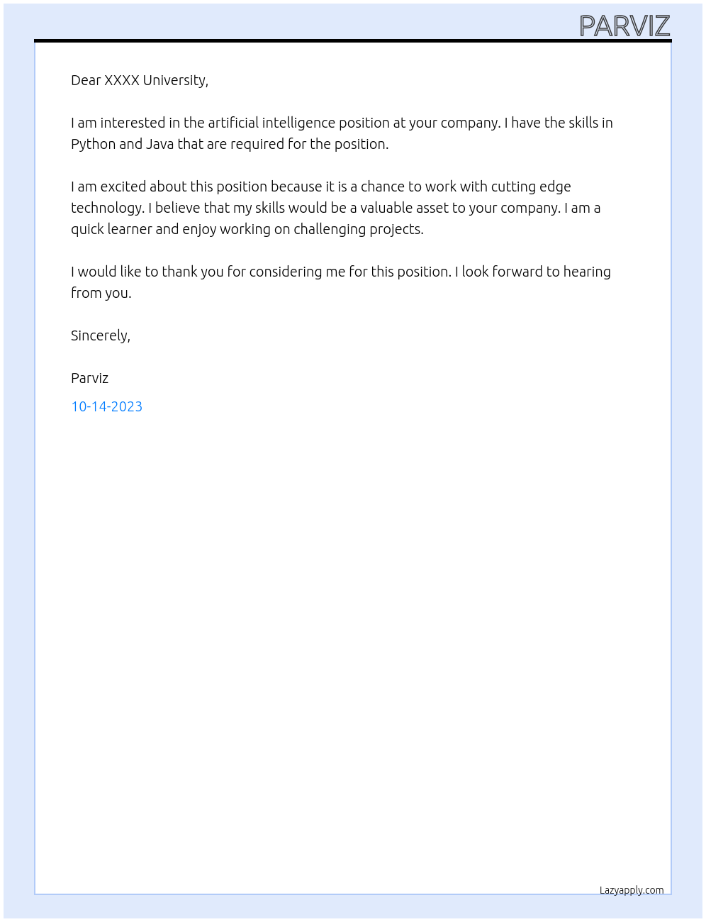 artificial intelligence At XXXX University Cover Letter
