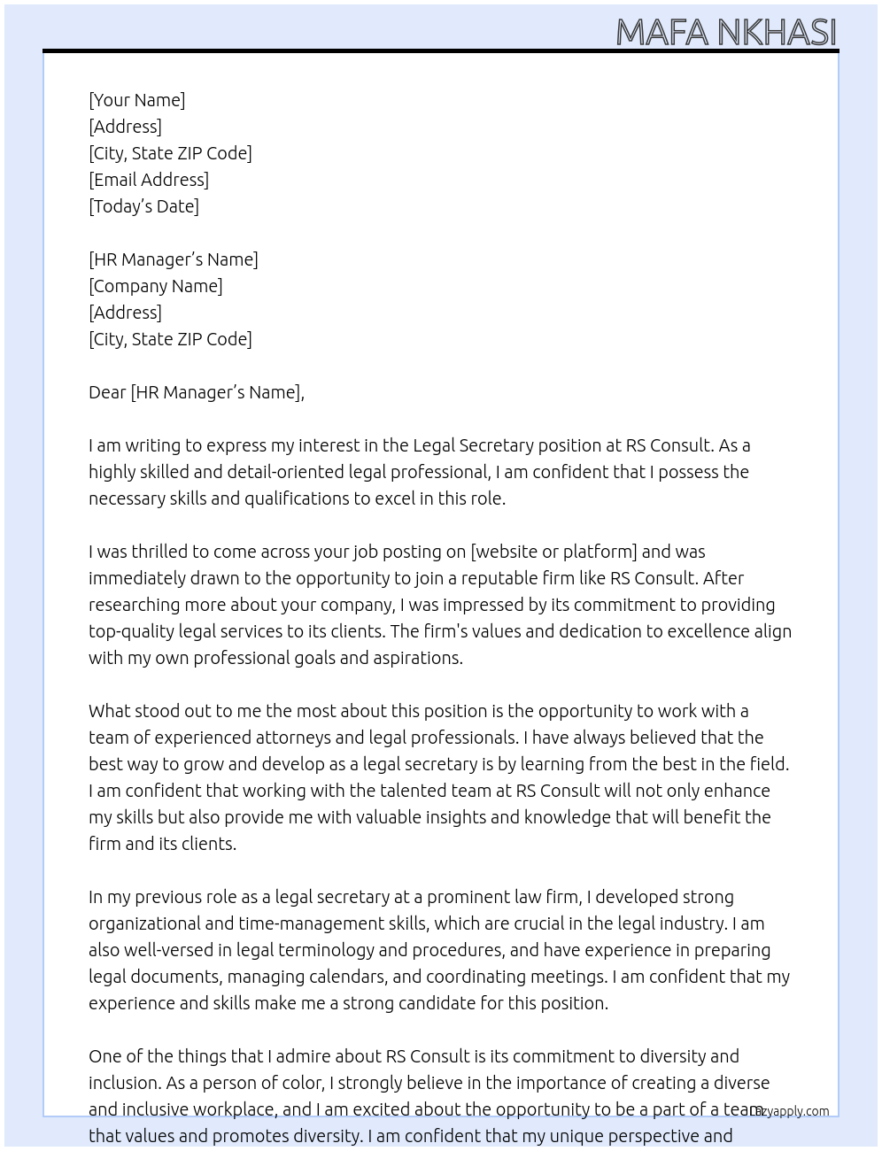 Legal Secretary At RS Consult Cover Letter