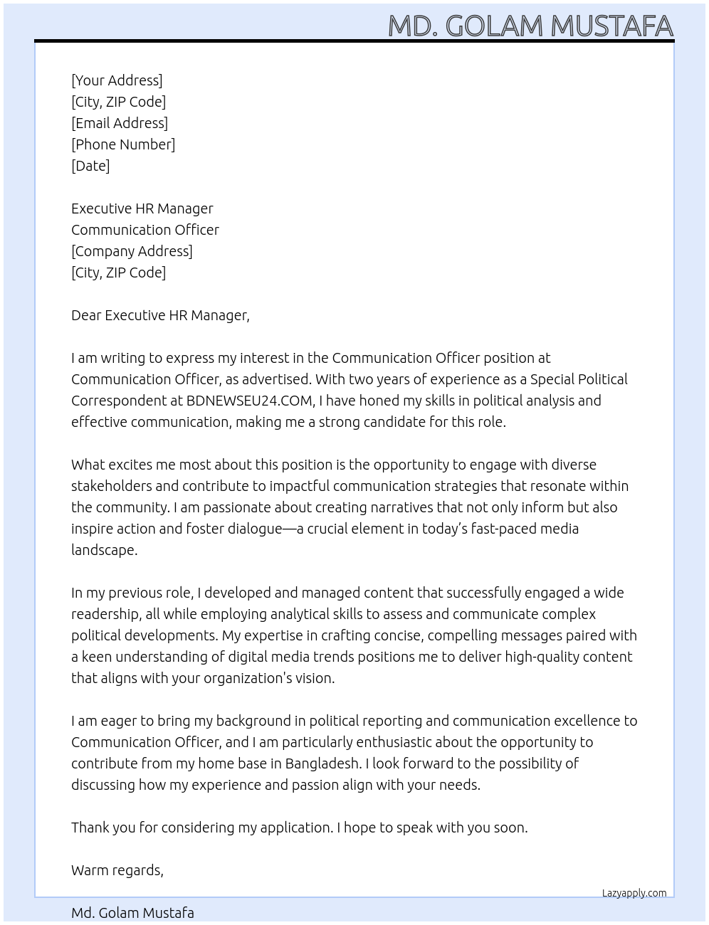 Cover letter for communication officer - LazyApply