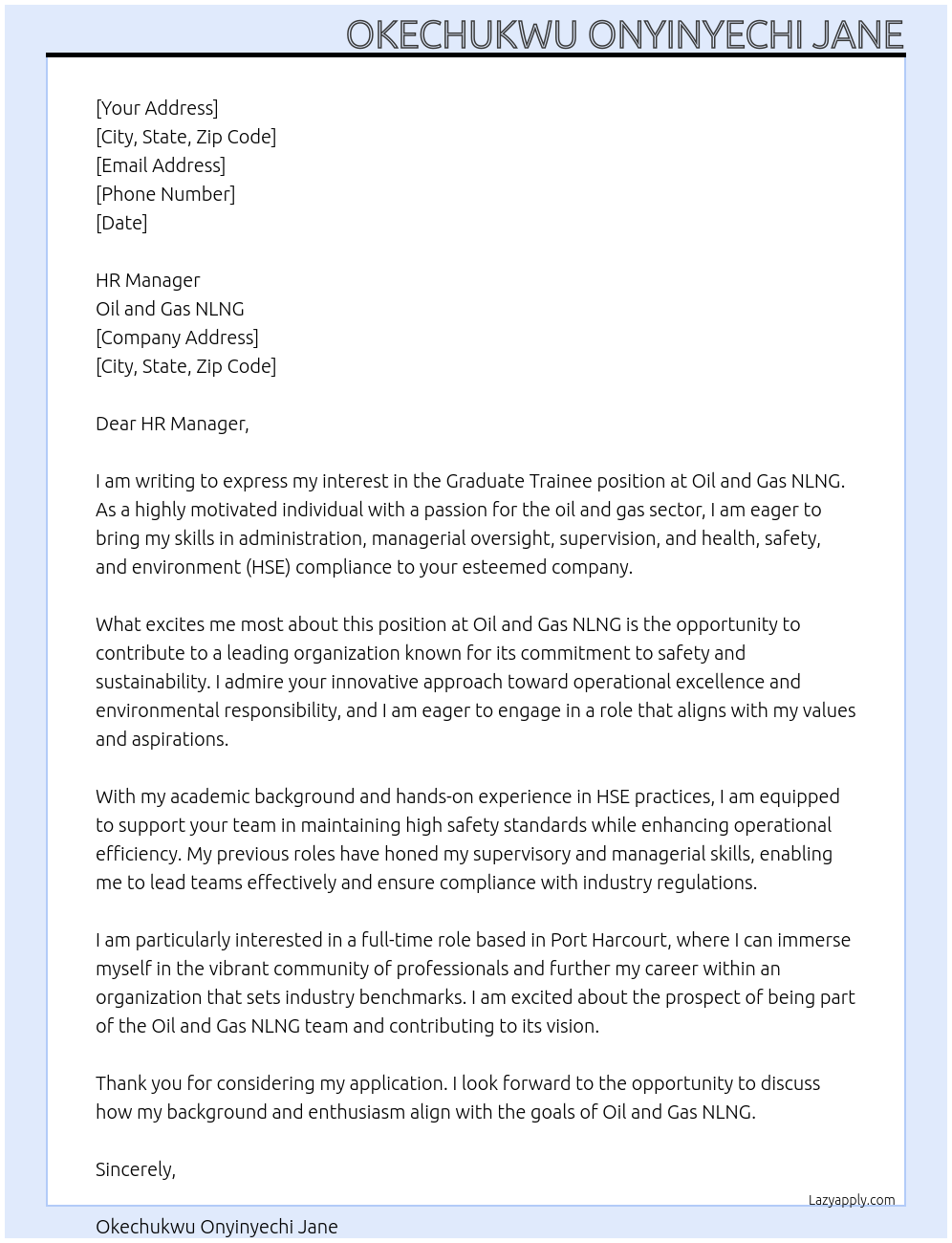 GRADUATE TRAINEE At OIL AND GAS NLNG Cover Letter