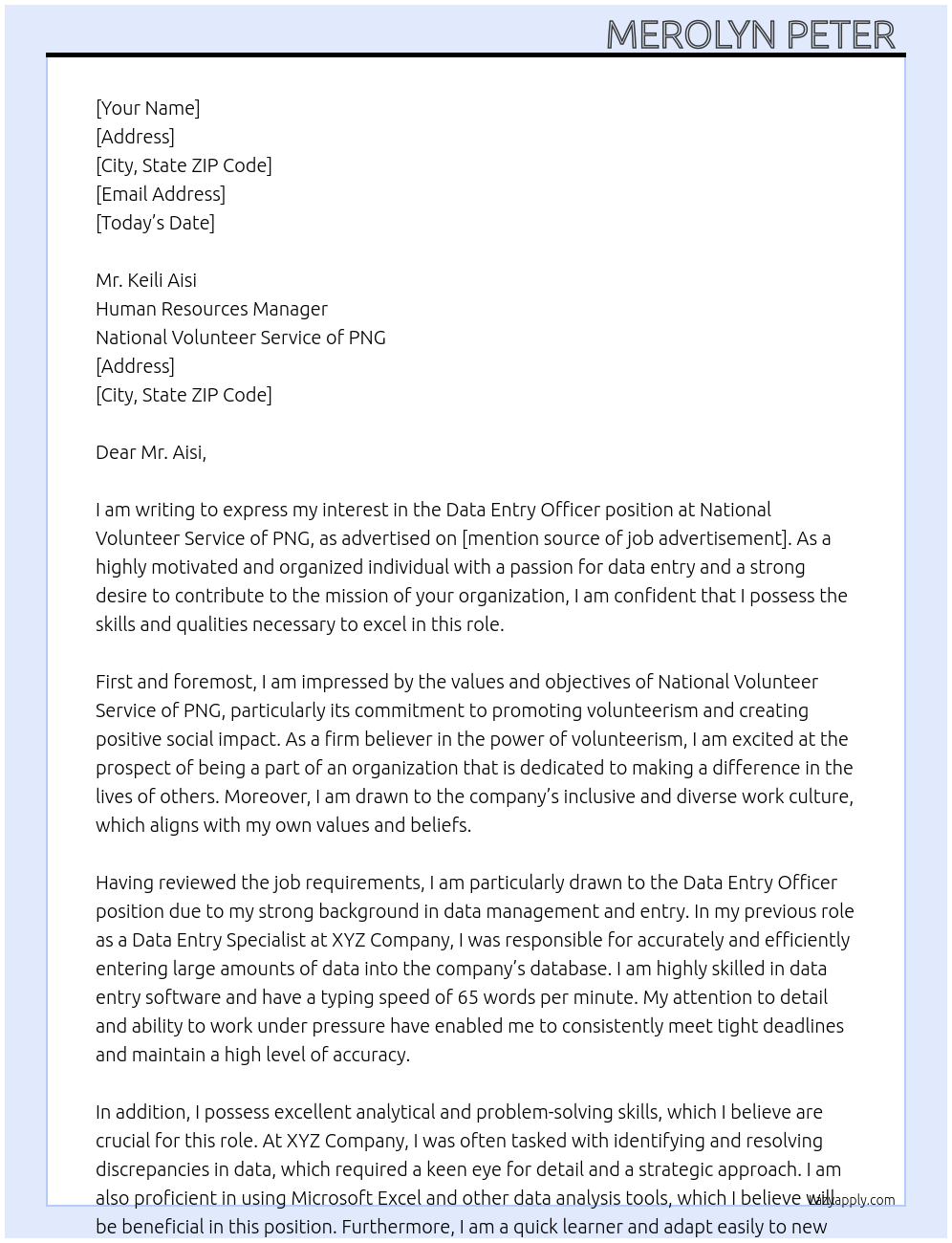 Data Entry Officer  At National Volunteer Service of PNG Cover Letter