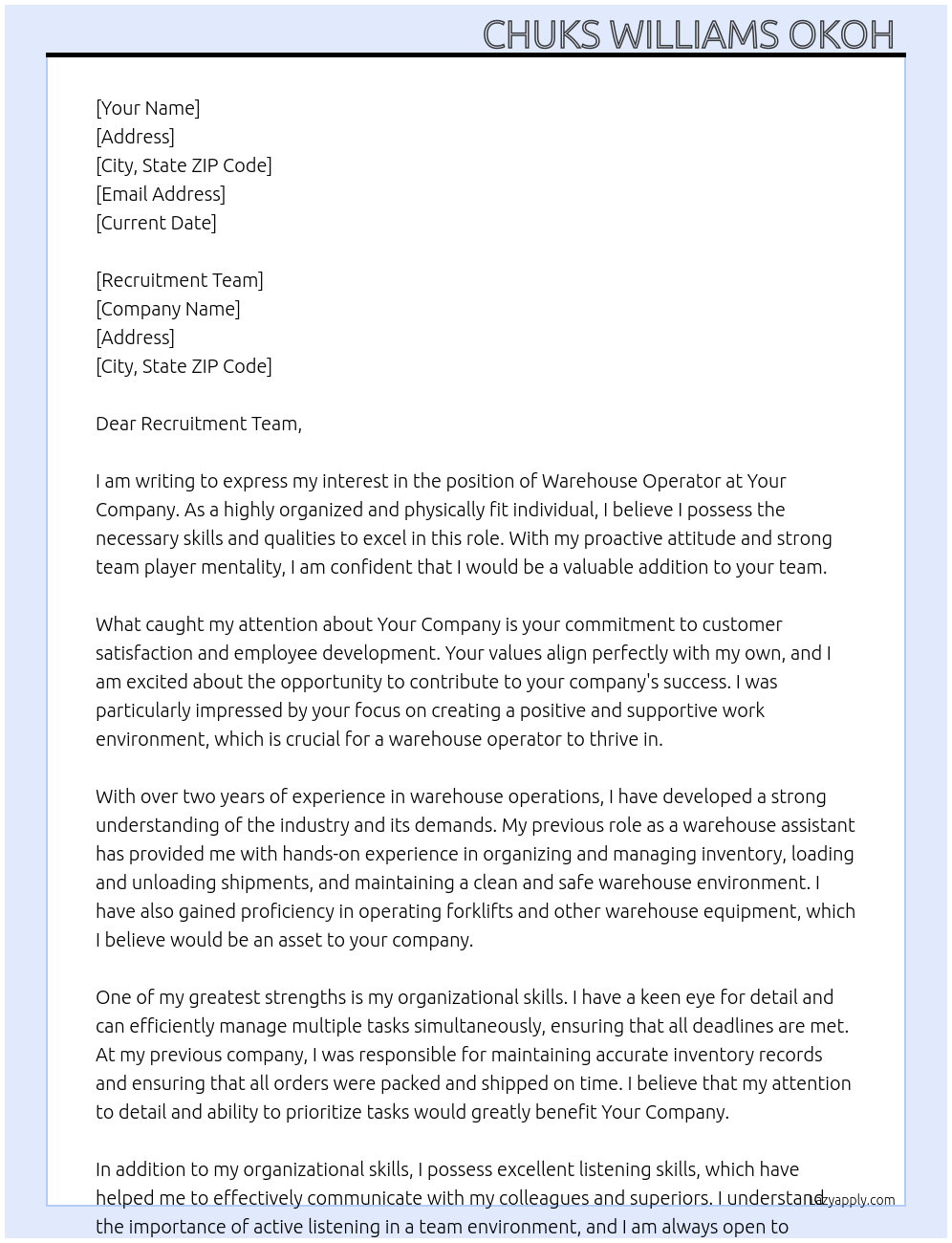 Warehouse operator At Your company Cover Letter