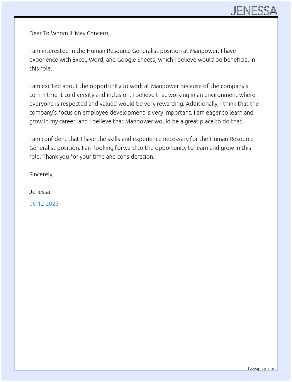 Human Resource Generalist At Manpower Cover Letter