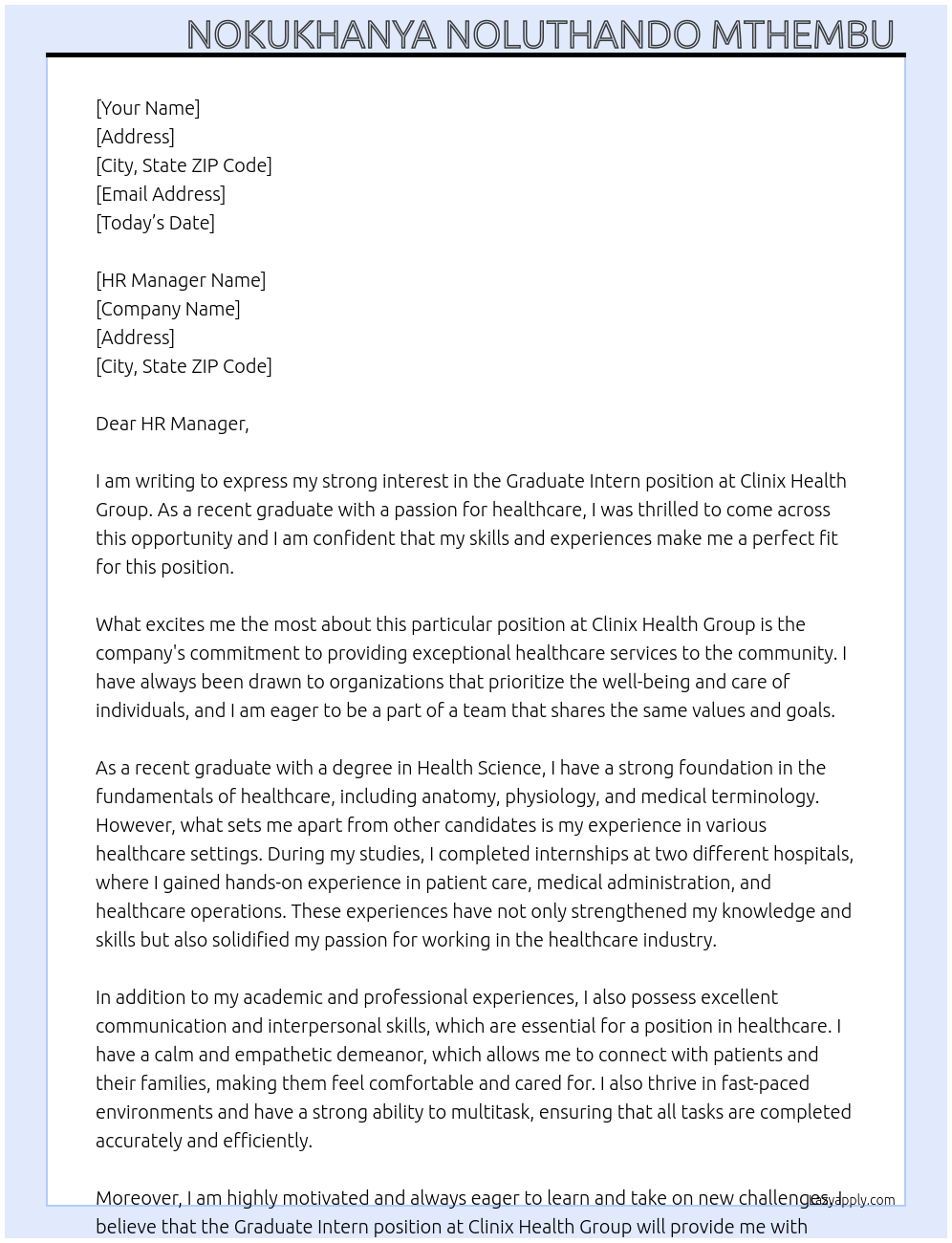 Graduate Intern At Clinix Health Group Cover Letter