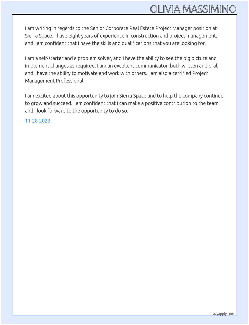 Senior Corporate Real Estate Project Manager At Sierra Space Cover Letter