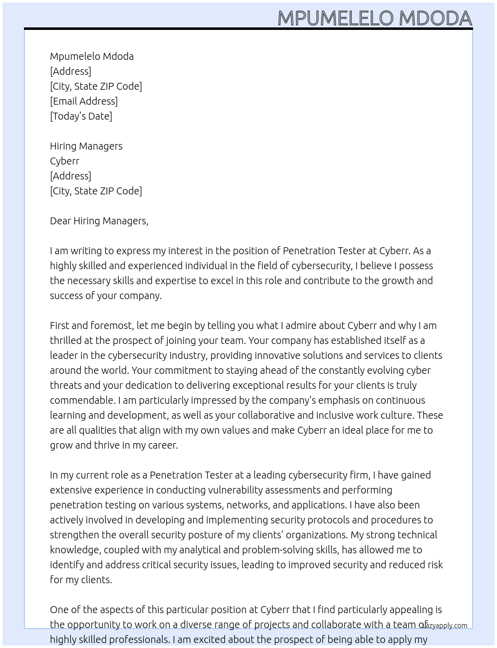 Cover letter for penetration tester - LazyApply