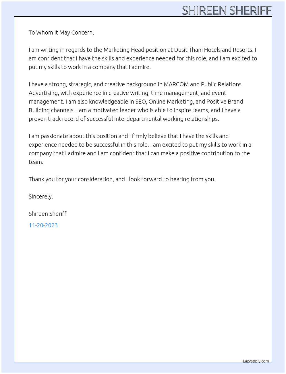 Marketing Head  At Dusit Thani Hotels and Resorts  Cover Letter