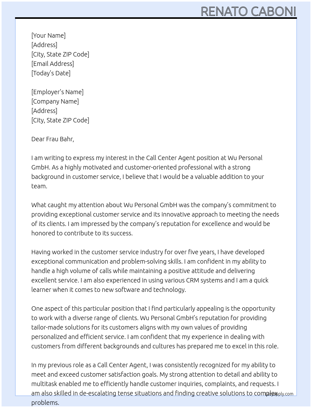 Call Center Agent At Wu Personal GmbH Cover Letter
