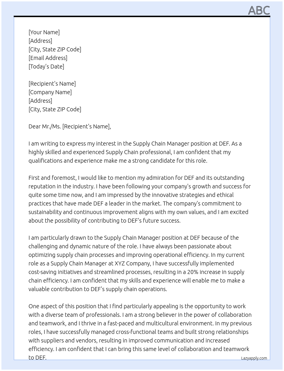 Supply Chain Manager At DEF Cover Letter