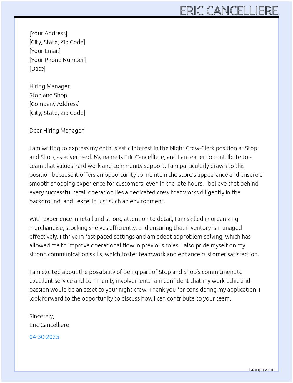 Night Crew-Clerk At Stop and Shop Cover Letter