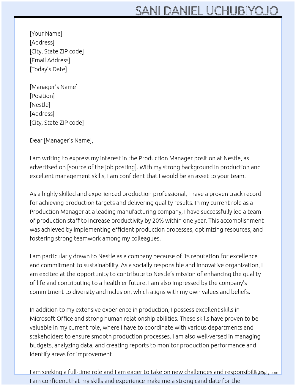 Production At Nestle Cover Letter