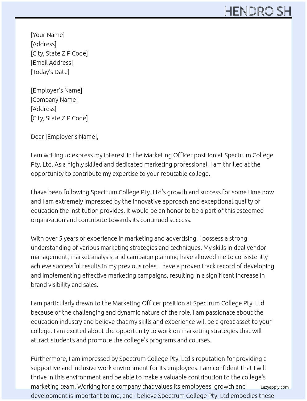 Marketing officer At Spectrum College Pty. Ltd Cover Letter