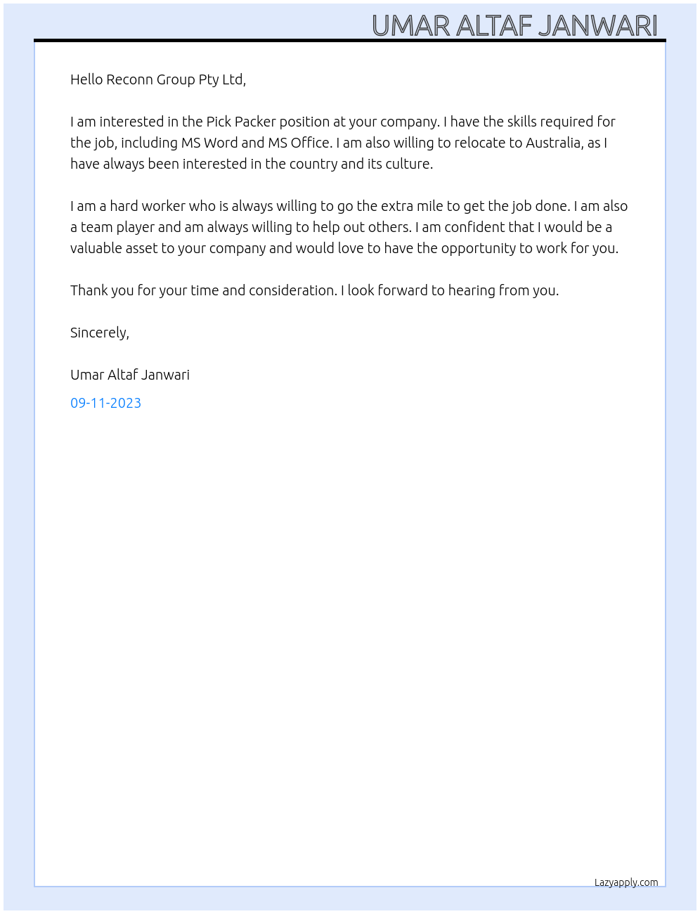 Pick Packer At Reconn Group Pty Ltd. Cover Letter