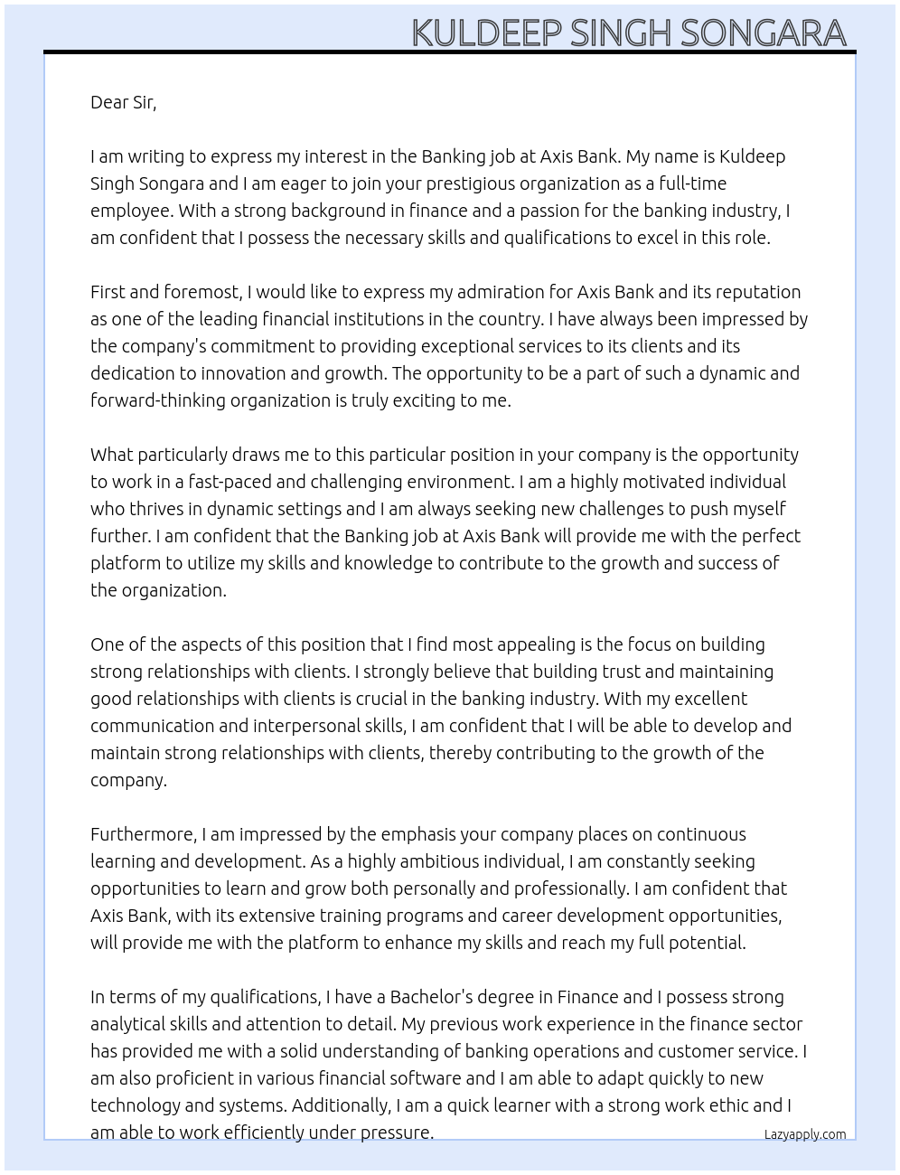 Banking job At Axis bank Cover Letter