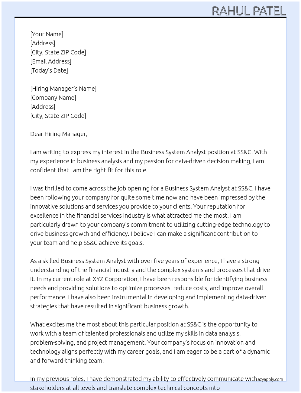 Cover letter for business system analyst - LazyApply