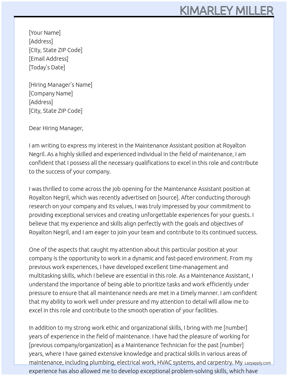 Maintenance Assistant At Royalton Negril Cover Letter