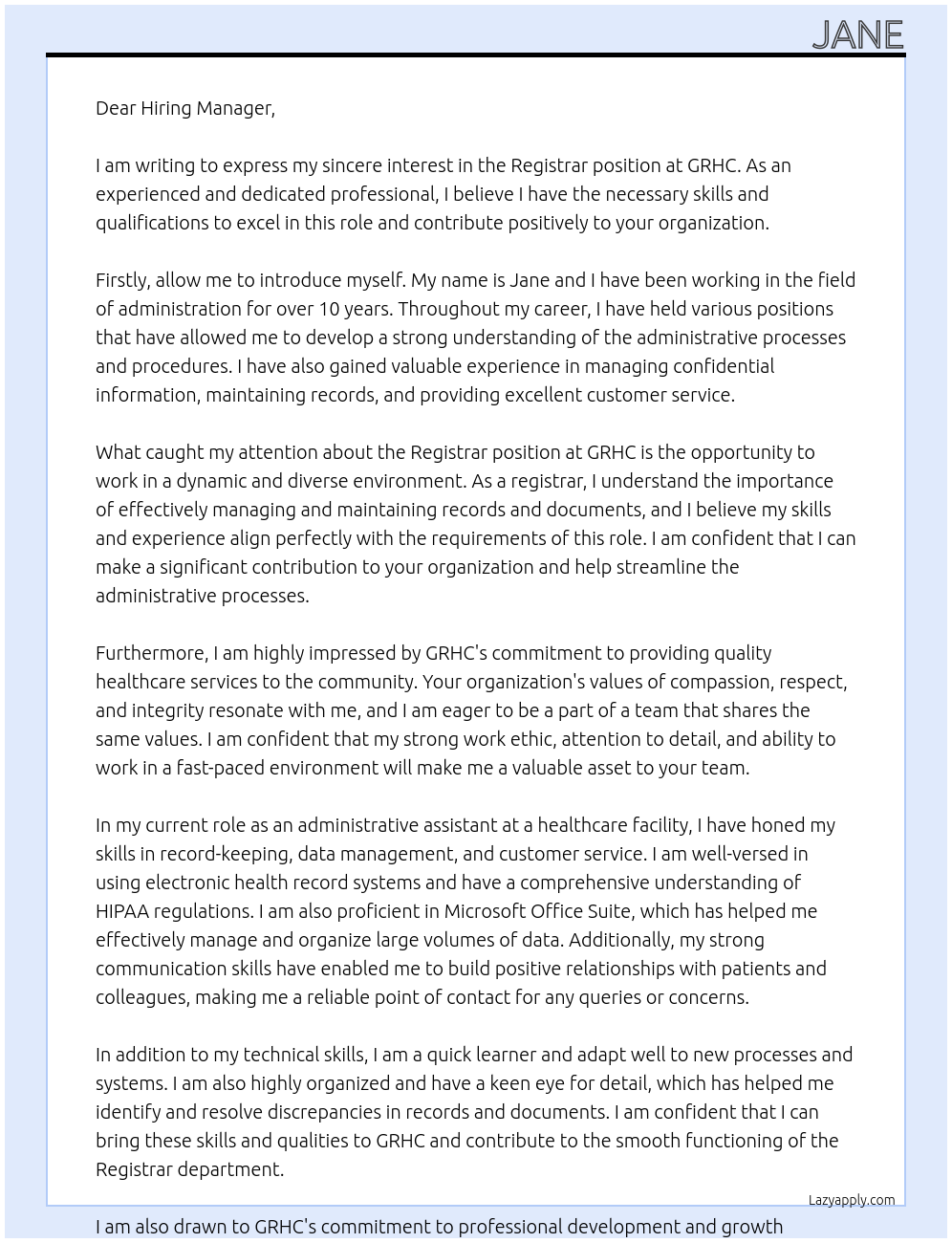 registrar At GRHC Cover Letter