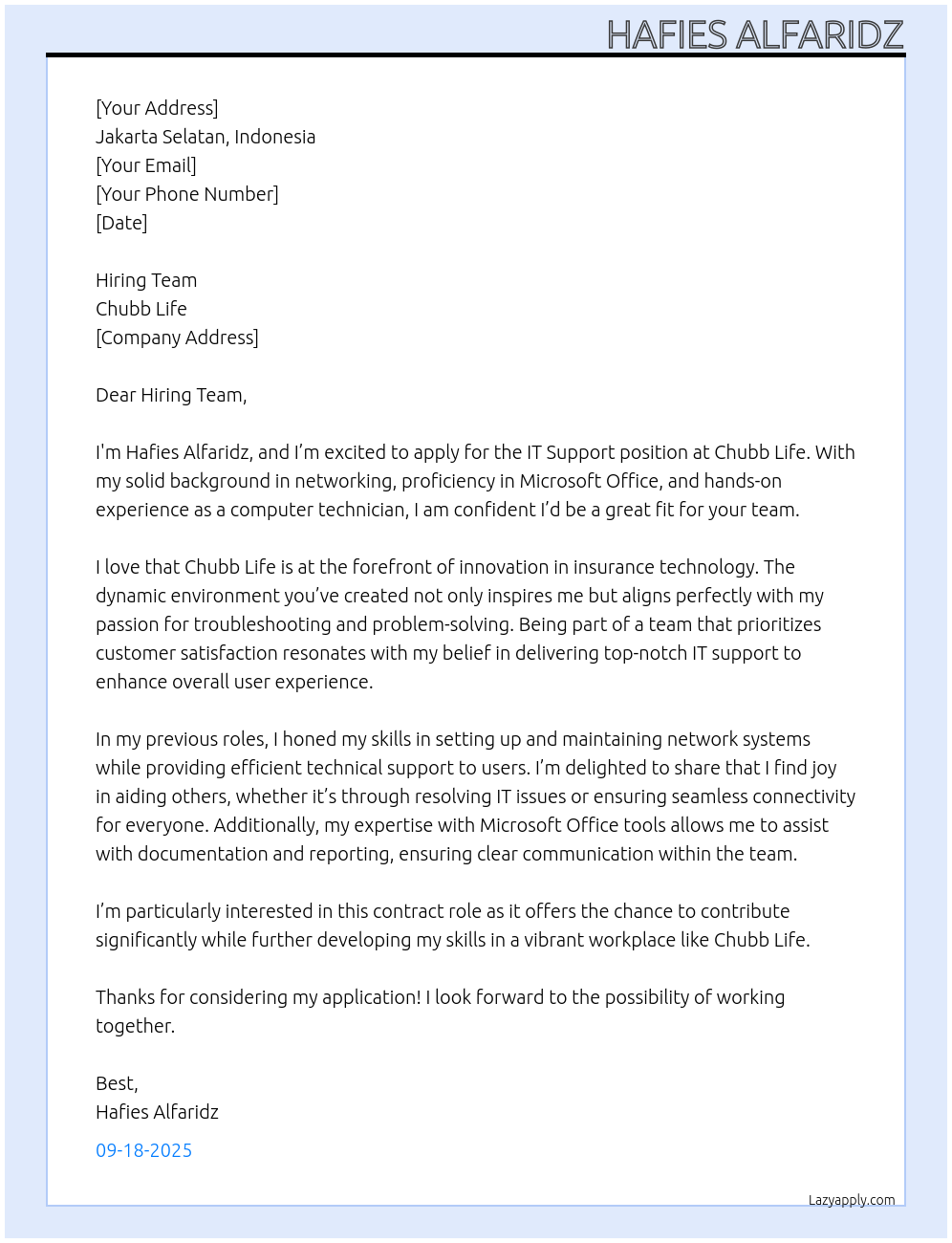 IT Support At Chubb Life  Cover Letter
