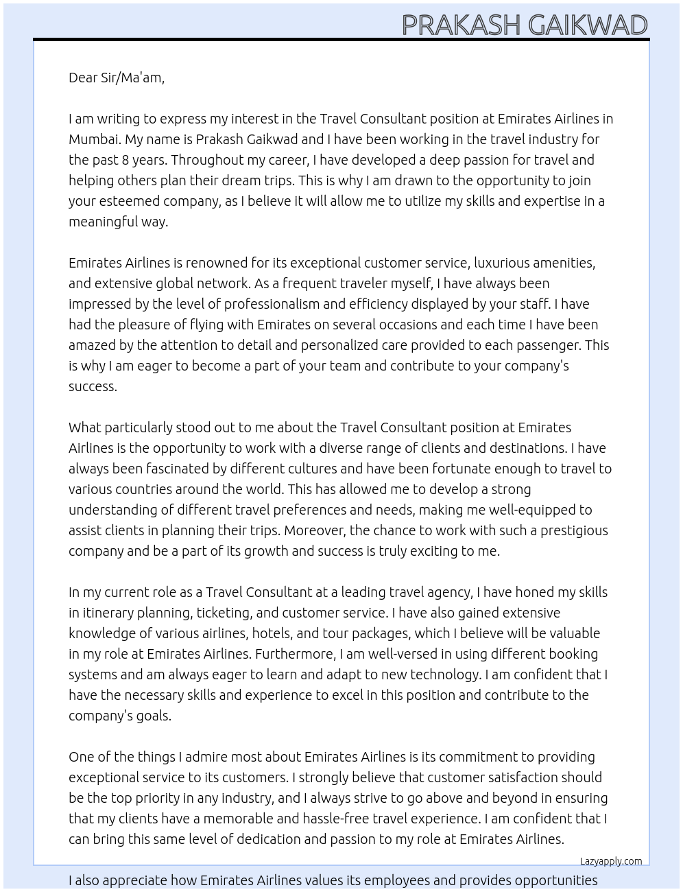 Travel consultant At Emirates airlines Cover Letter