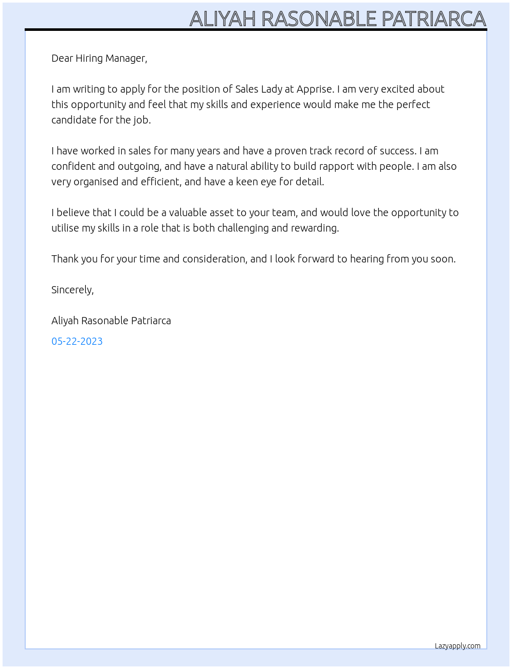 Sales Lady At Apprise Cover Letter