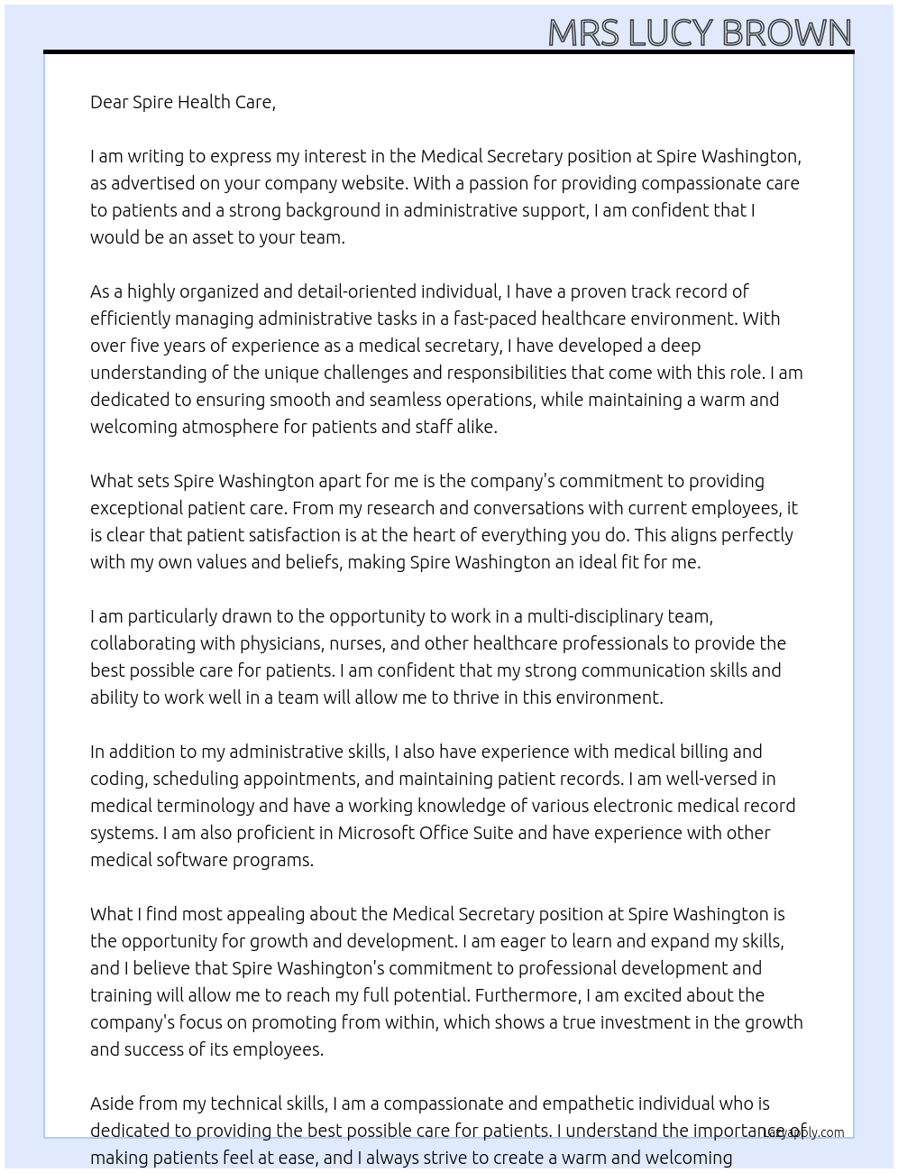 medical secretary At Spire Washington Cover Letter