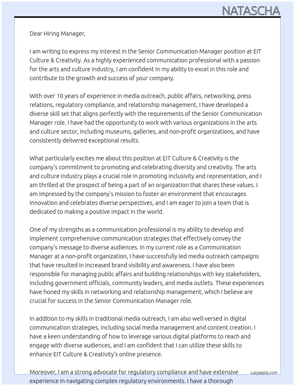 Senior Communication Manager  At EIT Culture & Creativity Cover Letter