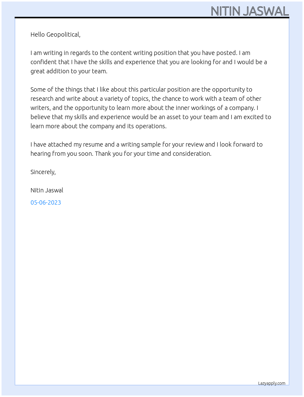 Content writing At Geopolitical Cover Letter