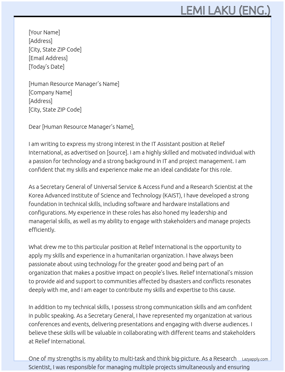 IT Assistant At Relief International Cover Letter