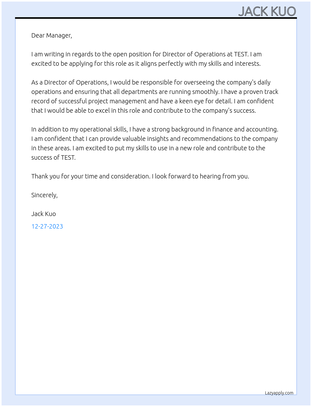 Director of Operations At TEST Cover Letter