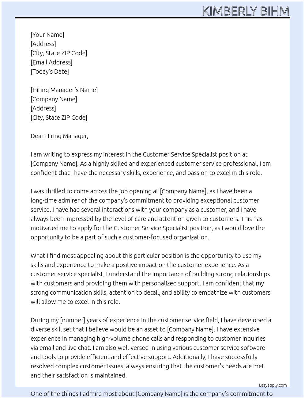 Customer Service Specialist At Blank Cover Letter