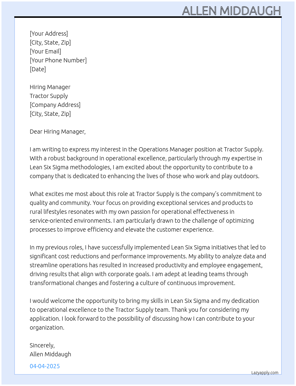 operations manager At Tractor supply Cover Letter