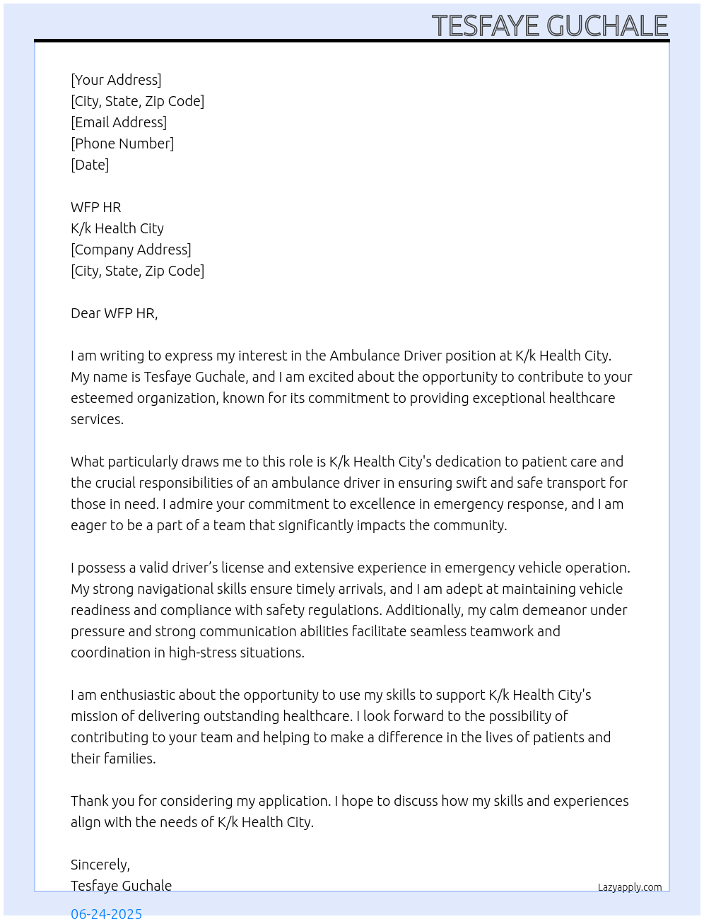 Cover letter for ambulance driver - LazyApply