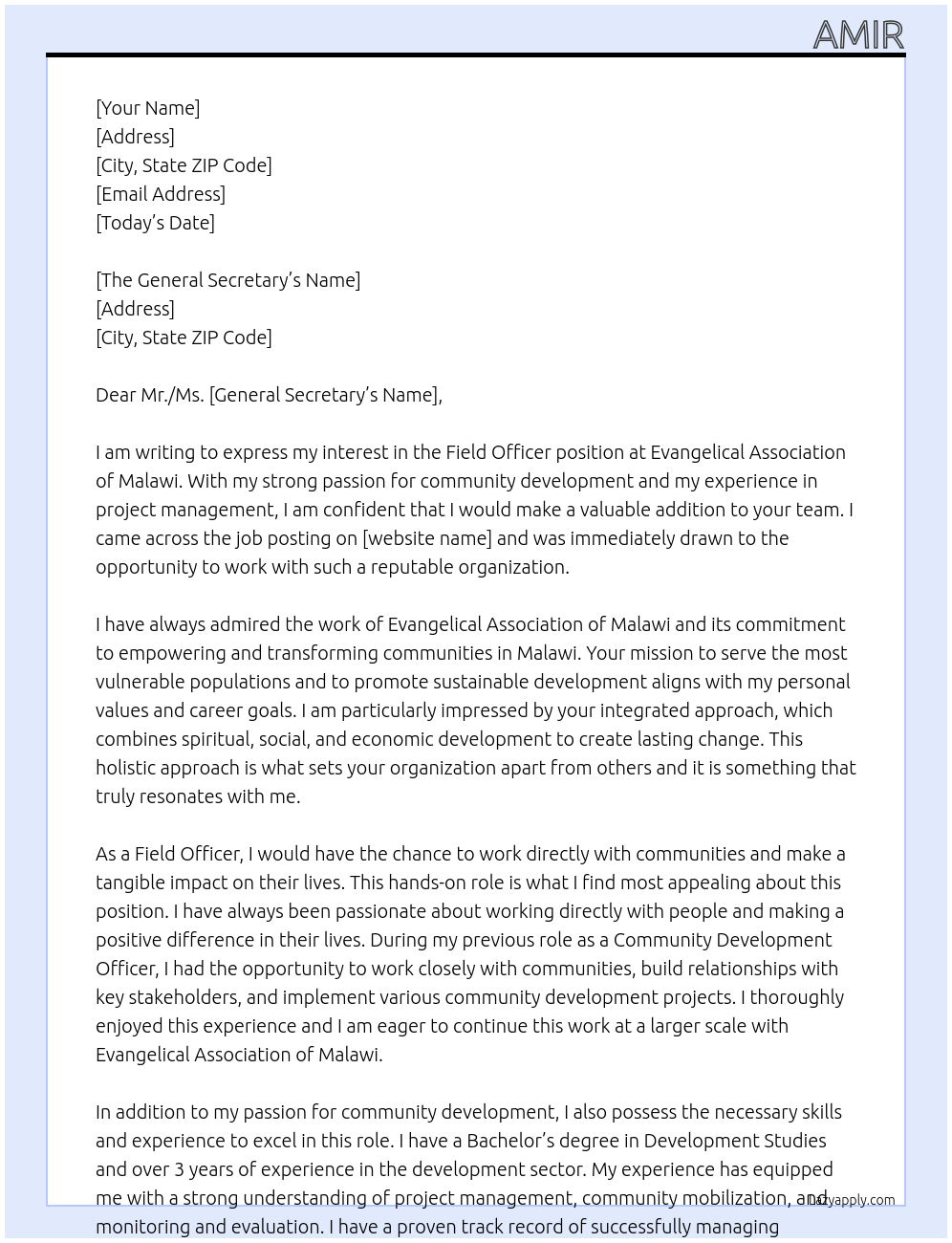 FIELD OFFICER At Evangelical Association of Malawi Cover Letter