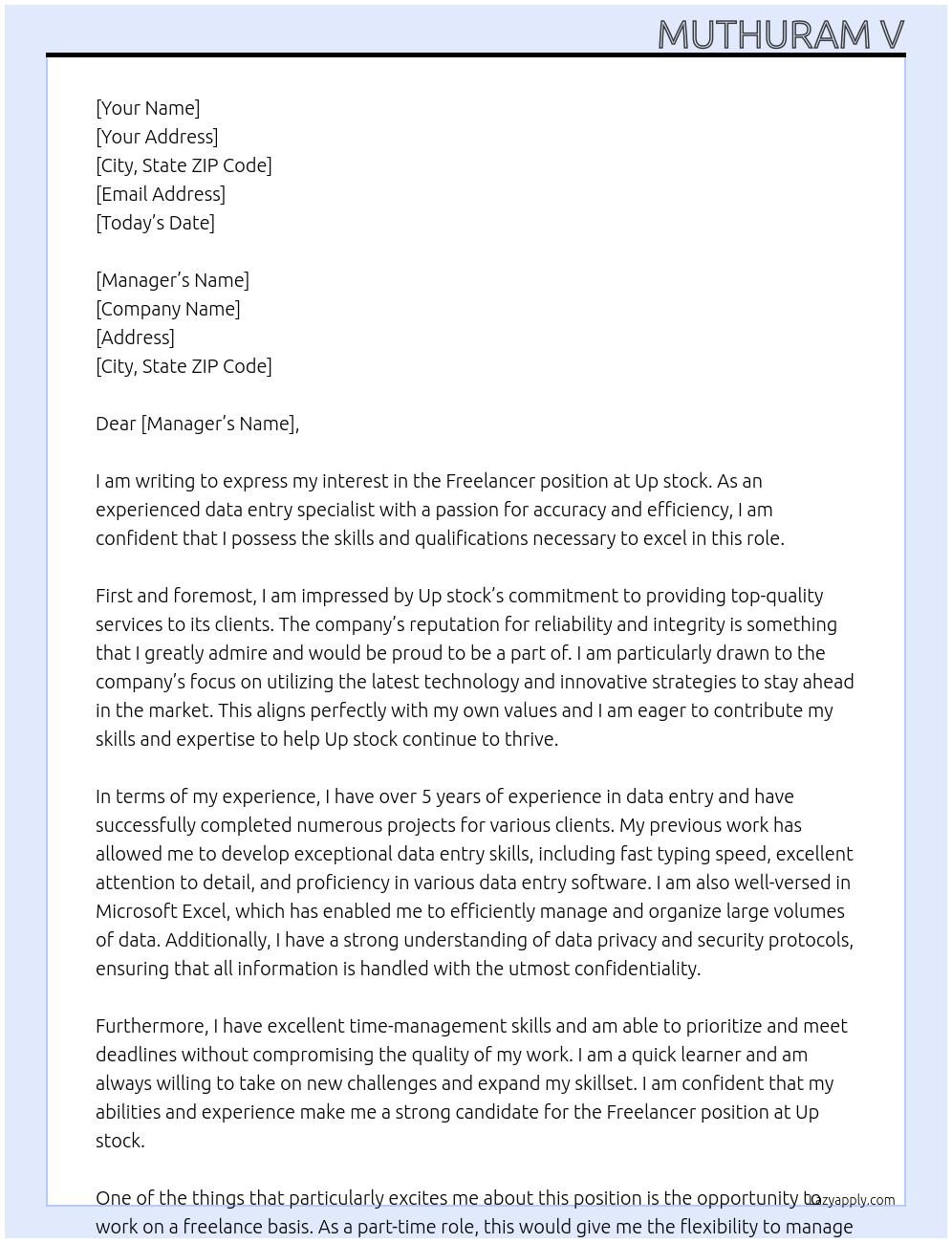 Freelancer At Up stock Cover Letter