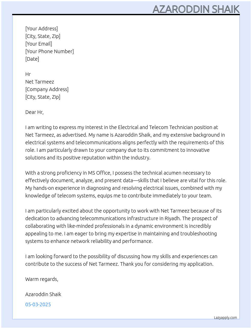 Cover letter for electrical and telecom technician - LazyApply