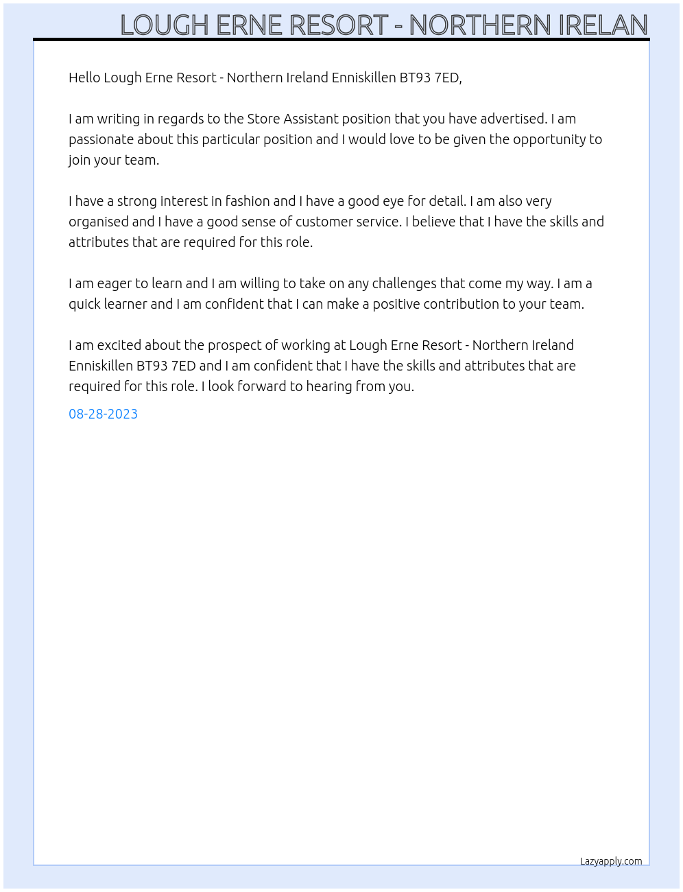 Store Assistant At Lough Erne Resort - Northern Ireland Enniskillen BT93 7ED Cover Letter