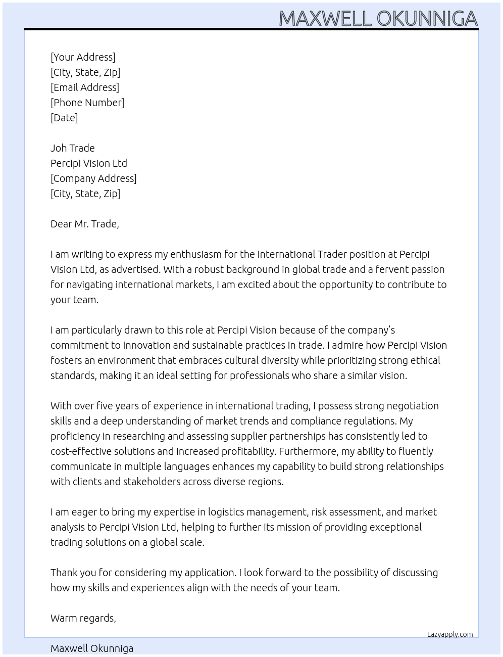 Cover letter for international trader - LazyApply