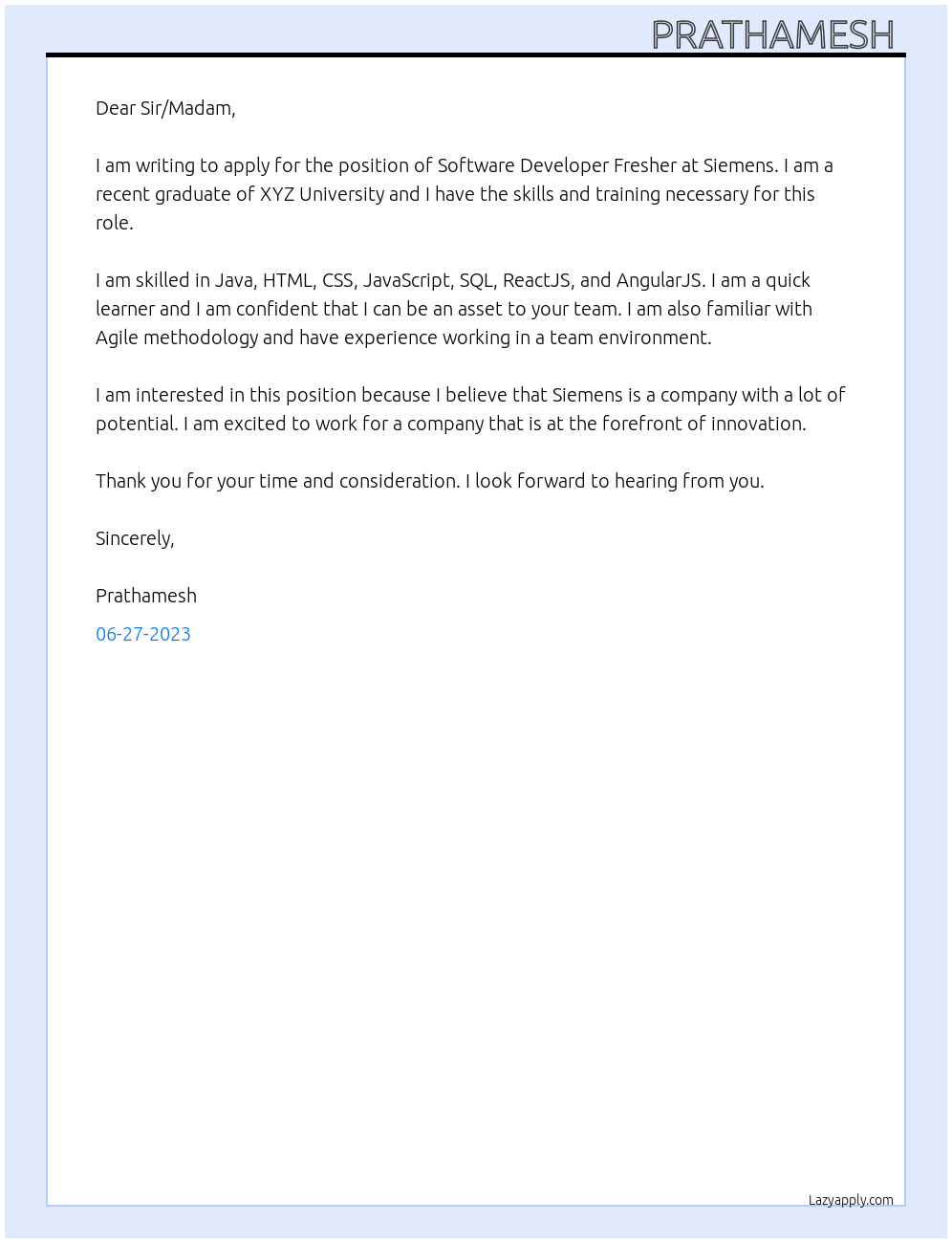 Software developer fresher At Siemens Cover Letter
