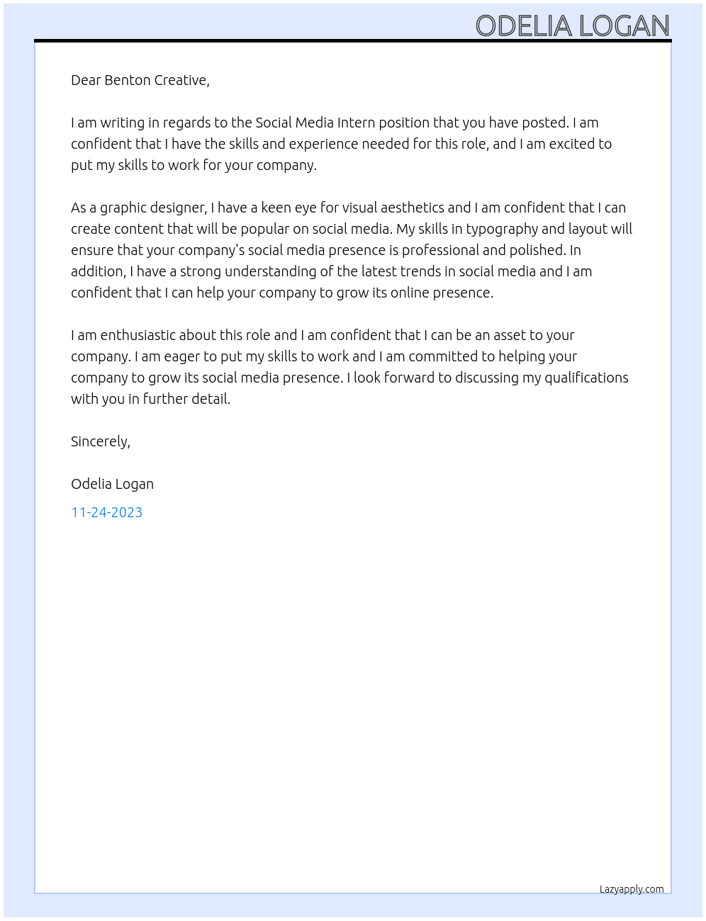 Social Media Intern At Benton Creative Cover Letter