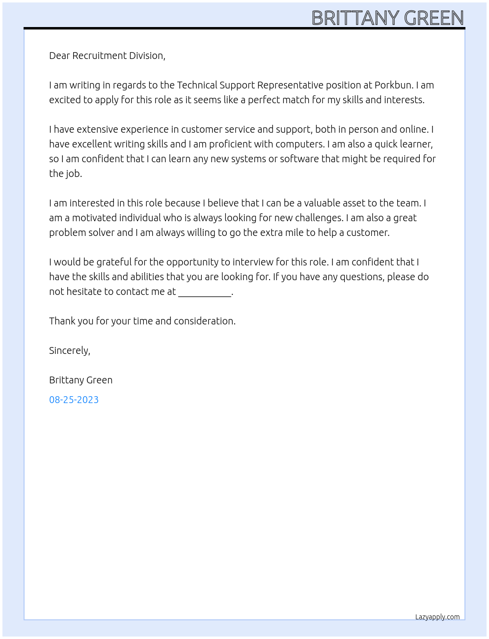 Technical Support Representative At Porkbun Cover Letter